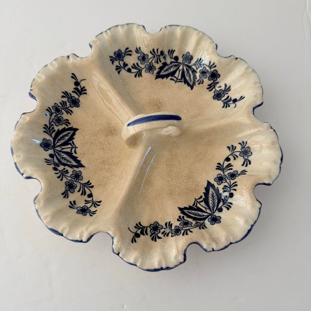 Ceramic Vintage Blue and White Floral Divided Relish Dish With Scalloped Rim For Sale - Image 7 of 10