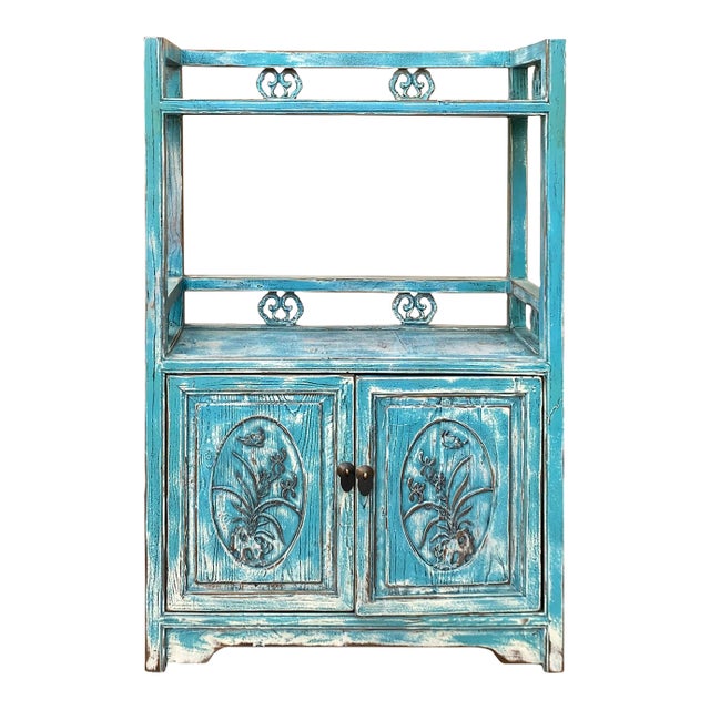 Chinese Distressed Pastel Blue Open Top Display Cabinet Side Table For Sale