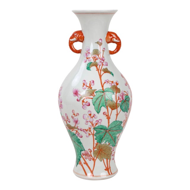 Vintage Famille Rose Amphora Vase With Peach Blossom Design, Elephant Handles For Sale