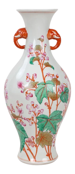 Vintage Famille Rose Amphora Vase With Peach Blossom Design, Elephant Handles