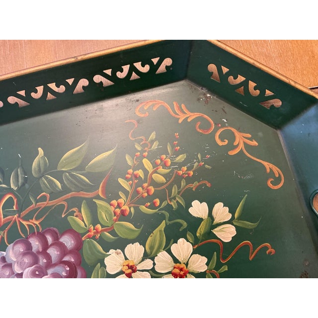 French Country Vintage Hand-Painted Floral & Botanical Tôleware Octagonal Serving Tray With Reticulated Gallery For Sale - Image 3 of 7
