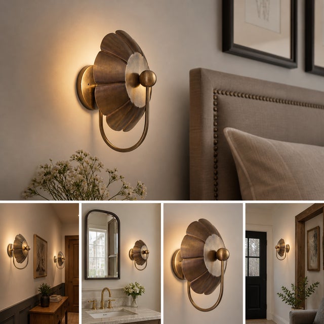 Vintage Brass Wall Sconce Light, Handmade Antique Brass Flower Wall Lamp, Mid Century Shell Sconce Bedroom Bedside Hallway Entryway Lighting For Sale - Image 4 of 10