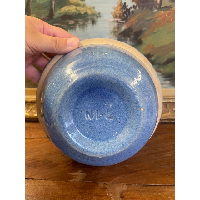 Vintage Blue Stoneware Mixing Bowl With Geometric Band - Marked "Ni-L" For Sale - Image 4 of 9