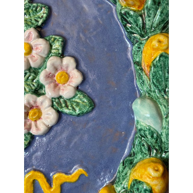 Large Vintage Italian Majolica Della Robbia-Style Fruit Garland Wall Charger, Floral Center, Marked Italy For Sale - Image 9 of 14
