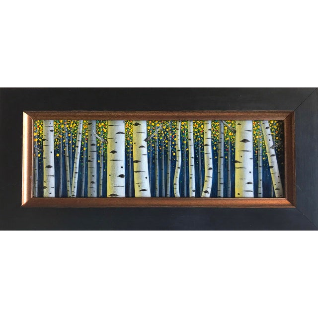 In "Untitled II," a serene forest scene unfolds, showcasing tall, slender birch trees that rise against a deep blue...