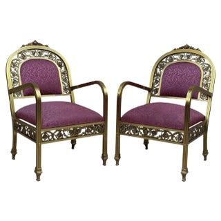 Set of French Gold Brass & Bronze Armchairs with Pink Upholstery, 1940s For Sale