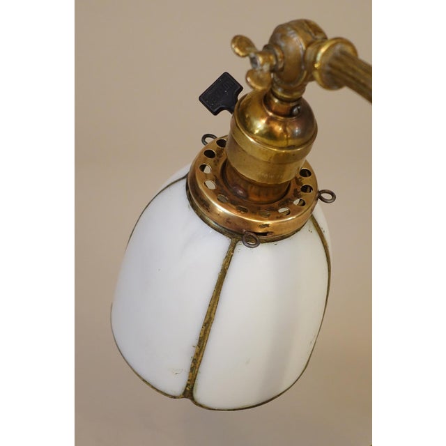 1910s Art Nouveau Edward Miller Industrial Machine Age Elaborate Brass Slag Glass Articulating Desk Table Piano Lamp For Sale - Image 11 of 12