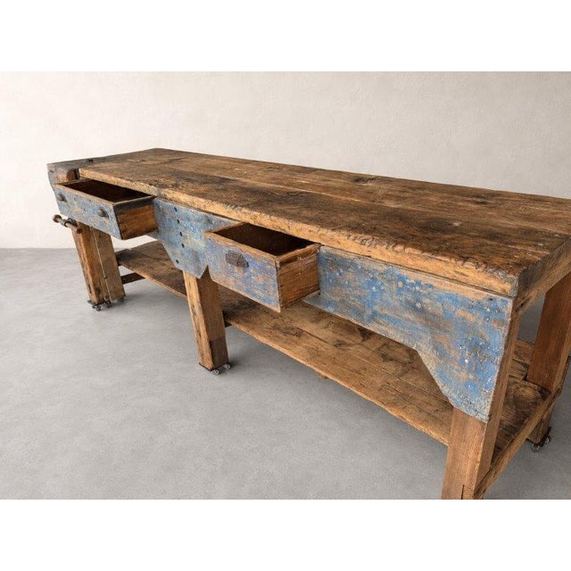 Antique 19th-Century Primitive Blue-Painted Carpenter's Workbench / Console Table For Sale - Image 4 of 13