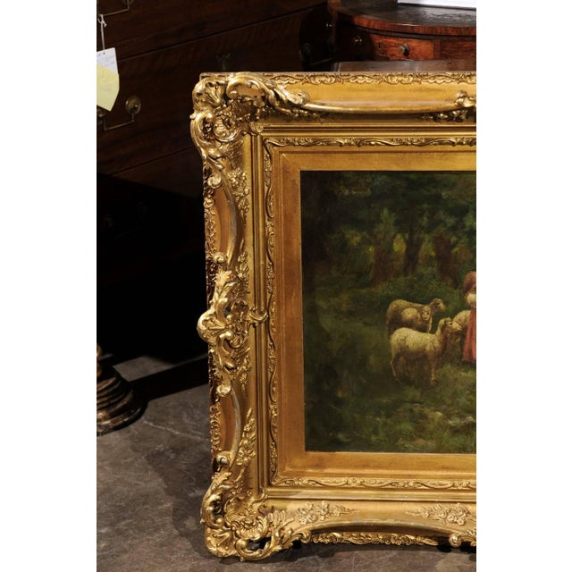 Early 20th Century Large Antique Oil Painting of Sheep and Shepherdess in Antique Giltwood Frame For Sale - Image 5 of 10