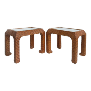 1980s Pair Vintage Braided Woven Leather Side Tables, Inset Glass Tops