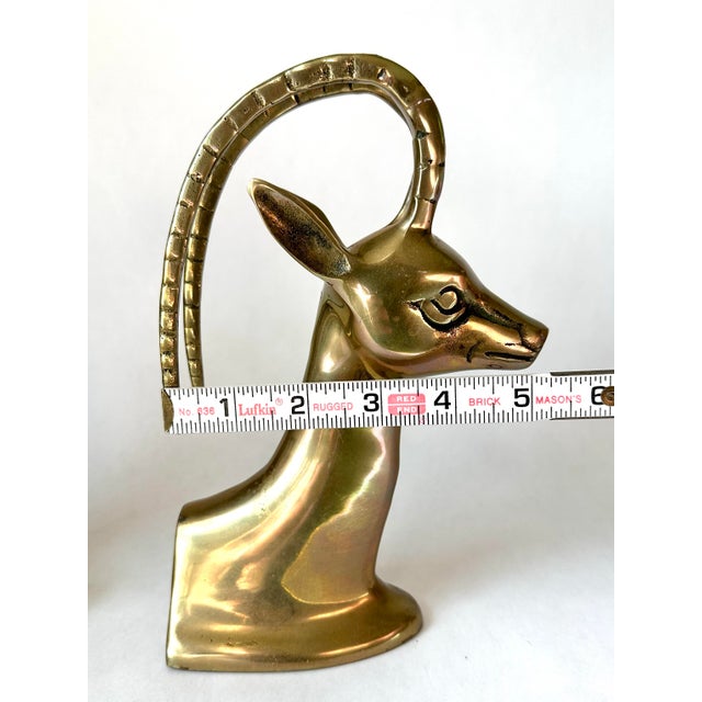 Metal Pair of Art Deco Revival Polished Brass Gazelle/Ibex/Antelope Bookends For Sale - Image 7 of 8