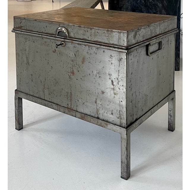 Industrial Antique Industrial Steel Trunk Chest on Stand With Aged Patina For Sale - Image 3 of 7