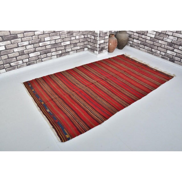 Turkish Vintage Crimson Red Turkish Striped Kilim Rug With Geometric Border Details For Sale - Image 3 of 10