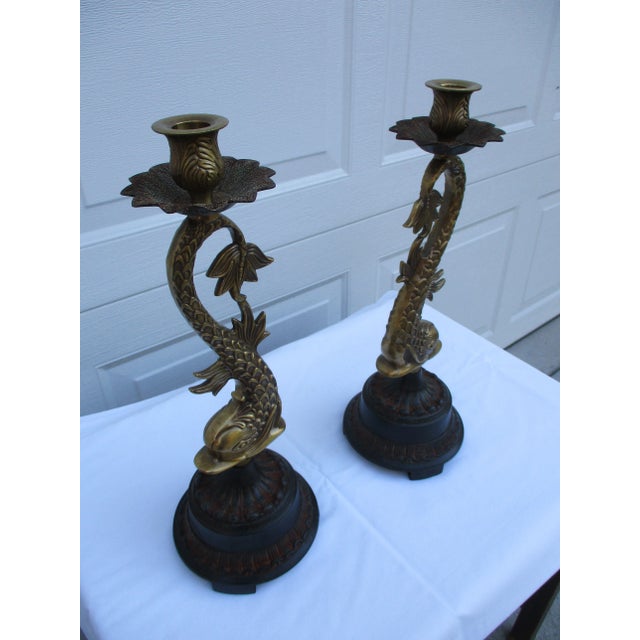 Vintage Brass Koi Fish or Dolphin Candlesticks For Sale - Image 4 of 11
