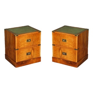 Military Campaign Side Tables with Green Leather, Set of 2 For Sale