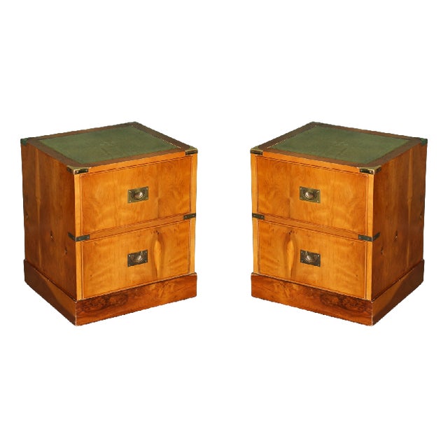 Military Campaign Side Tables with Green Leather, Set of 2 For Sale