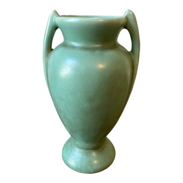 Vintage Petite Art Deco Pottery Vase in Matte Green Glaze For Sale