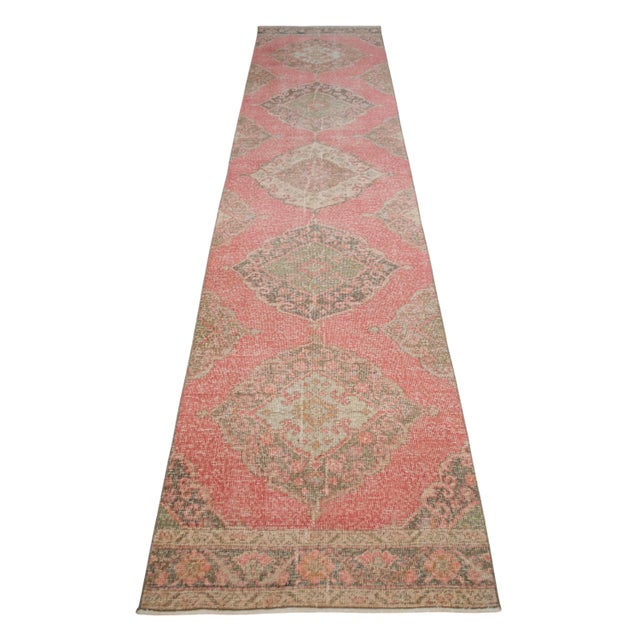 Distressed Oushak Runner Rug Faded Colors Low Pile Pink Hallway Decor - 2'9″x 12'3″ For Sale - Image 4 of 13