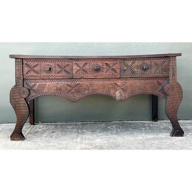 Vintage Primitive Hand Carved Console Table For Sale In West Palm - Image 6 of 12