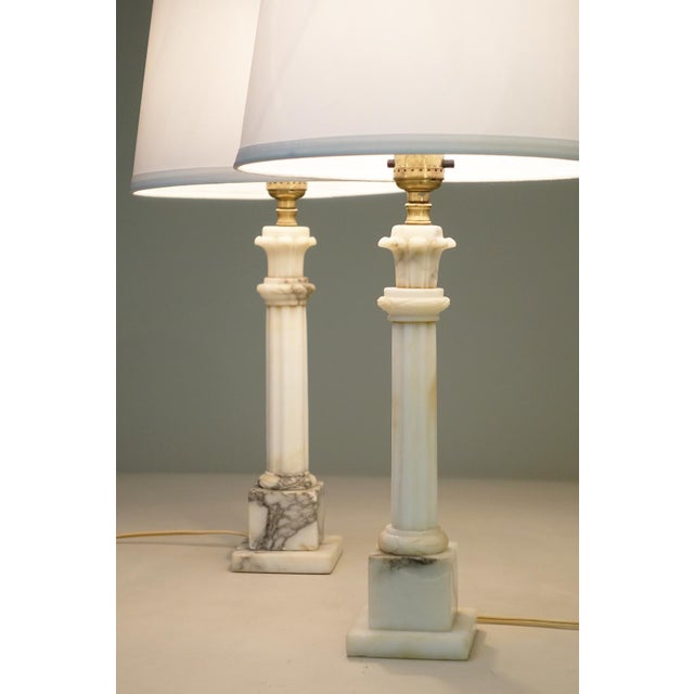 1950s Neo Classic Hollywood Regency Modern Carrara Marble Corinthian Style Column Table Lamps - a Pair For Sale In Los Angeles - Image 6 of 12
