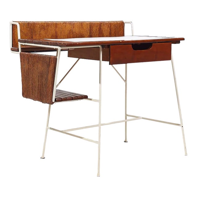 Arthur Umanoff Mid Century Wrought Iron and Rush Desk For Sale