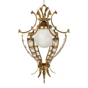1950s Brass & Crystal Pendant Light With White Opal Globe Shade