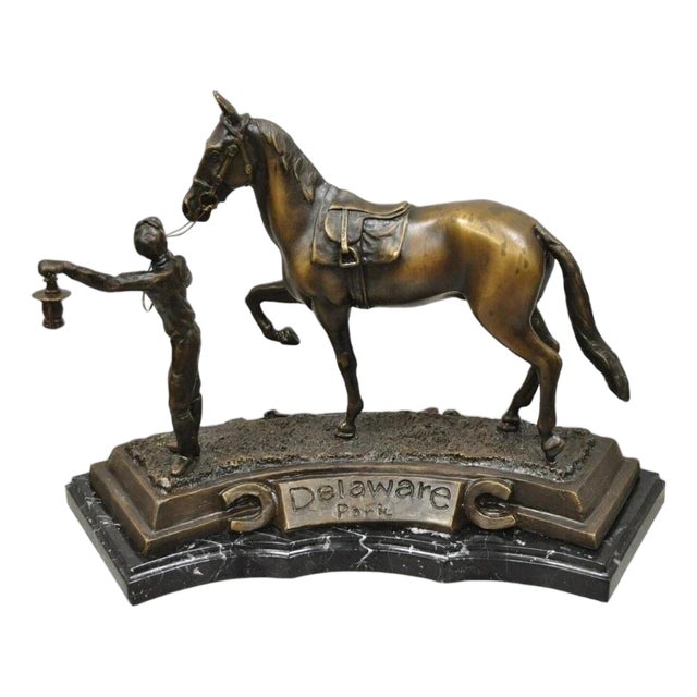 Late 20th Century Delaware Park Bronze Equestrian Rider Jockey Leading Race Horse Lantern Statue For Sale
