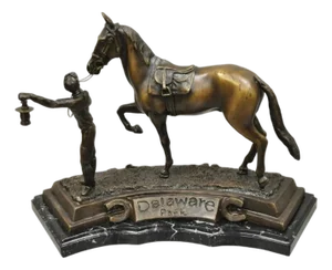 Late 20th Century Delaware Park Bronze Equestrian Rider Jockey Leading Race Horse Lantern Statue