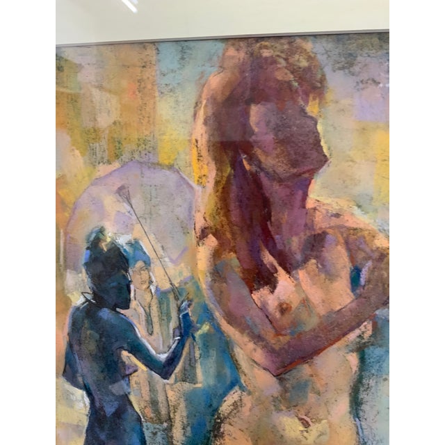 Beautiful , vibrant midcentury pastel and charcoal drawing of three nude woman in interior. Signet lower left . Vintage...