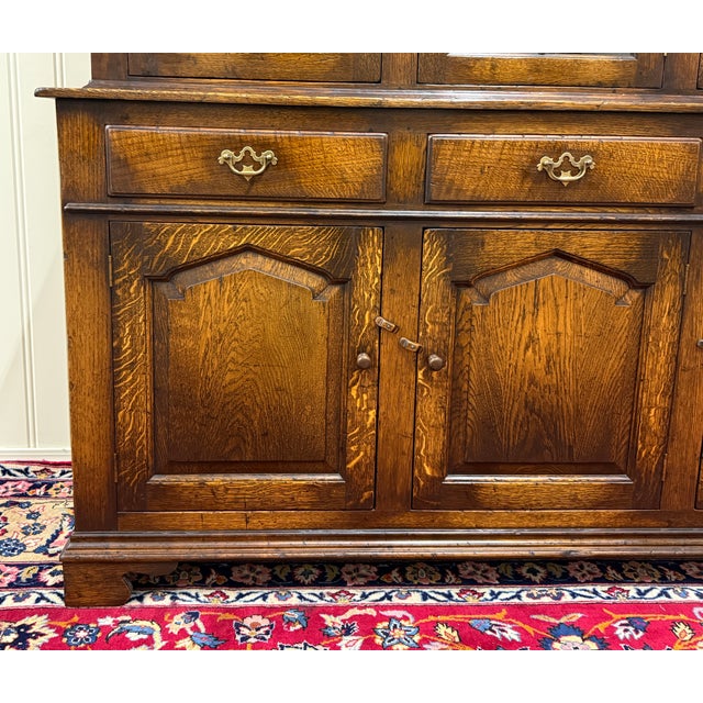 Antique English Large Bookcase Cupboard Cabinet Triple Door Glass Oak C. 1930s For Sale - Image 15 of 18