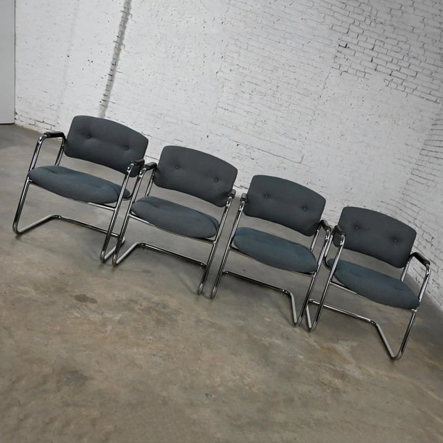 Modern Late 20th Century Gray & Chrome Cantilever Chairs by United Chair Co Style of Steelcase Set of 4 For Sale - Image 3 of 12