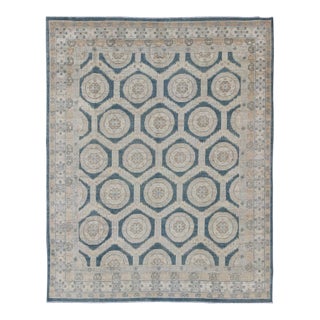 Khotan Design Rug With Geometric Medallions in Tan, Blue Gray & Teal Blue For Sale
