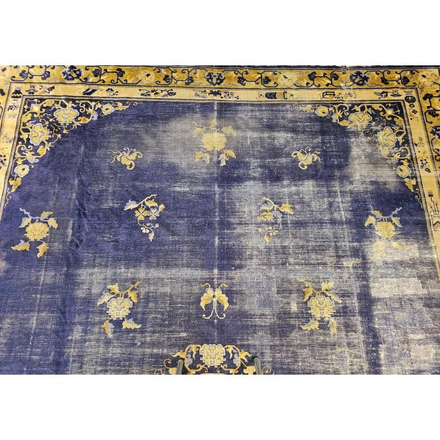 Blue 19th Century Chinese Peking Rug, Handwoven Wool, Indigo & Yellow, 10' x 14' For Sale - Image 8 of 15