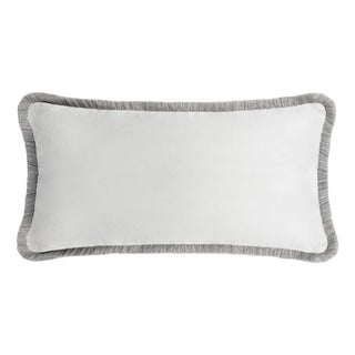 White with Grey Fringes Happy Linen Pillow by LO DECOR for Lorenza Briola For Sale