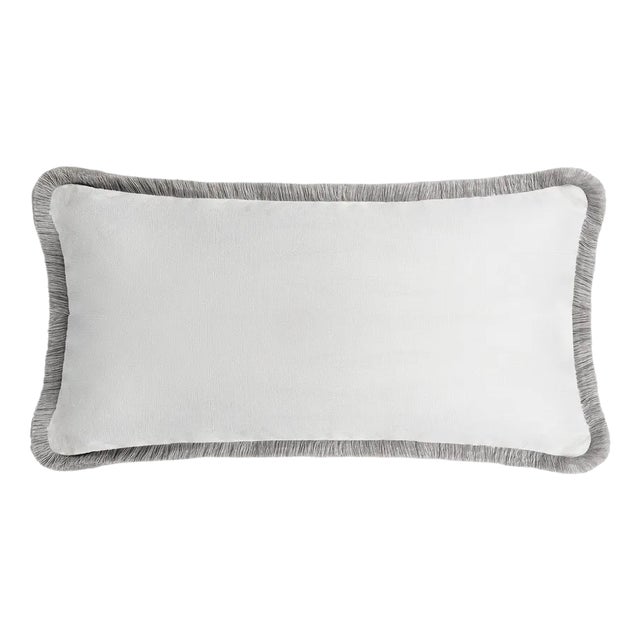 White with Grey Fringes Happy Linen Pillow by LO DECOR for Lorenza Briola For Sale