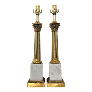 Mid 20th Century Italian White Marble and Carved Brass Neoclassical Column Lamps, a Pair For Sale