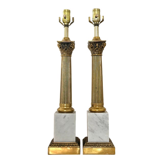 Mid 20th Century Italian White Marble and Carved Brass Neoclassical Column Lamps, a Pair For Sale