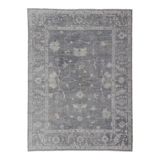 Turkish Angora Oushak Rug in Slate Gray With Ivory Botanical Motifs 9'11 X 13'3 For Sale