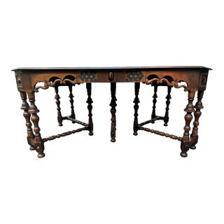 Mid 19th Century Antique Jacobean Style Carved Walnut Dining Table With 6 Leaves For Sale