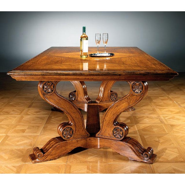 Rustic Italian Walnut Trestle Dining Table With Inlaid Top and Extension Leaves For Sale - Image 3 of 4
