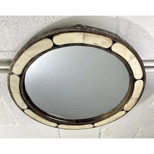Art Deco Art Deco Style Round White Frame & Antiqued Brass Filigree Inlay Mirror, a Pair For Sale - Image 3 of 11