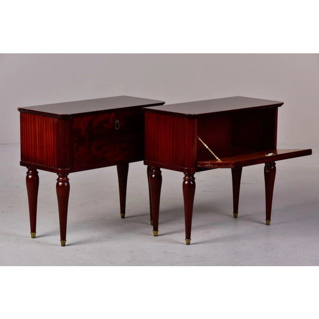 Mid Century Italian Tiger Wood Bedside Chests With Brass Tipped Legs and Hardware - Pair For Sale - Image 9 of 13