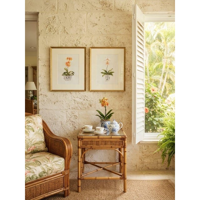 Wood Pair of Vintage Framed Chinoiserie Orchid Botanical Prints – Orange & Pink Floral Art For Sale - Image 7 of 12