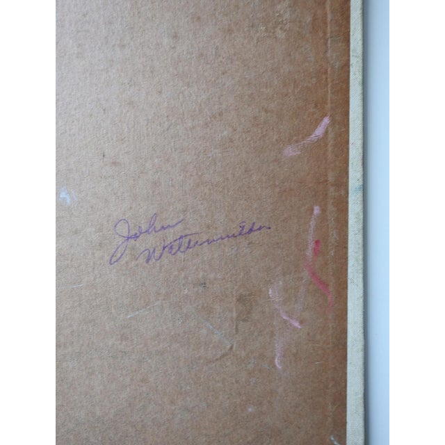 Mid 20th century oil on canvas board modernist farm or village landscape painting by John Martini Watermulder (20th...