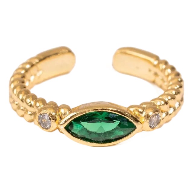 Emerald Teardrop Gemstone Adjustable Gold Ring, Size 4 For Sale