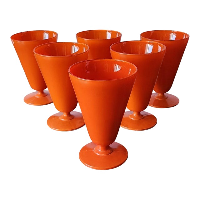 Set 6 Antique Anchor Hocking Fire King Rainbow Tangerine Footed Iced Tea Cups, 1940s For Sale