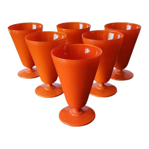 Set 6 Antique Anchor Hocking Fire King Rainbow Tangerine Footed Iced Tea Cups, 1940s