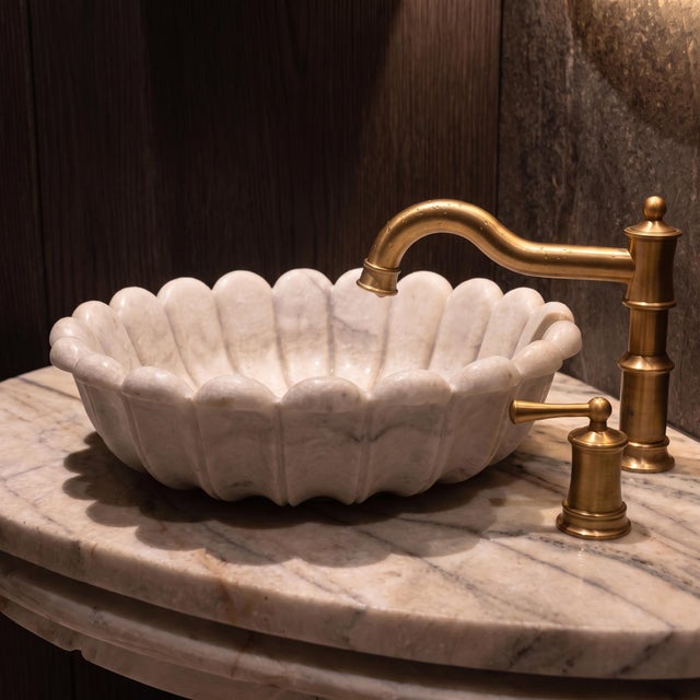 Handmade Blossom White Marble Flower Vessel Sink | Luxury Natural Stone Vanity Bathroom Basin For Sale - Image 9 of 9