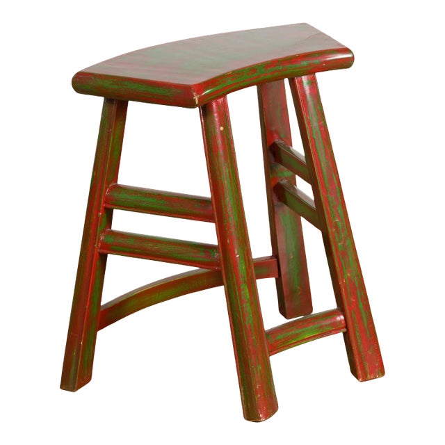 Japanese Late Meiji Period Red and Green Lacquered Stool with Semicircular Seat For Sale
