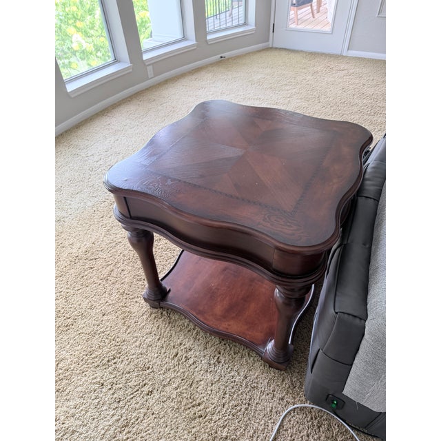 Late 20th Century Pair of Ornate Two-Tier Square Side Tables – Scalloped Parquet Top For Sale - Image 4 of 9